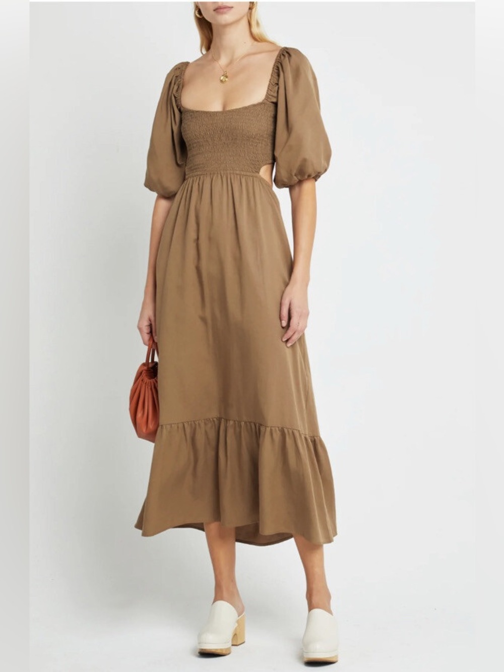 O.P.T. Leighton Midi Dress in Mocha puff sleeve Cottagecore coquette renfaire